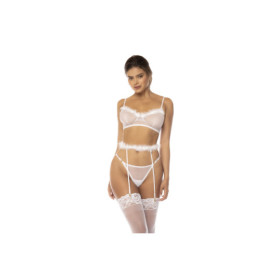 Ensemble 3 pièces blanc Emmie, soutien gorge, porte jarretelles avec fausse fourrure et string assorti 